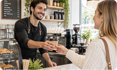 Barista handing a takeaway coffee to a smiling customer at the café counter