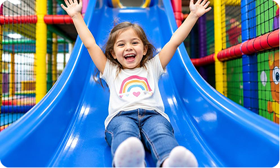 Girl laughing with arms up while sliding down a blue indoor slide