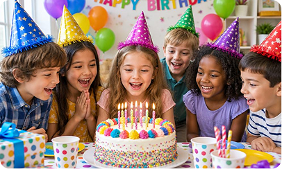 Children in party hats gathered around a birthday cake with lit candles